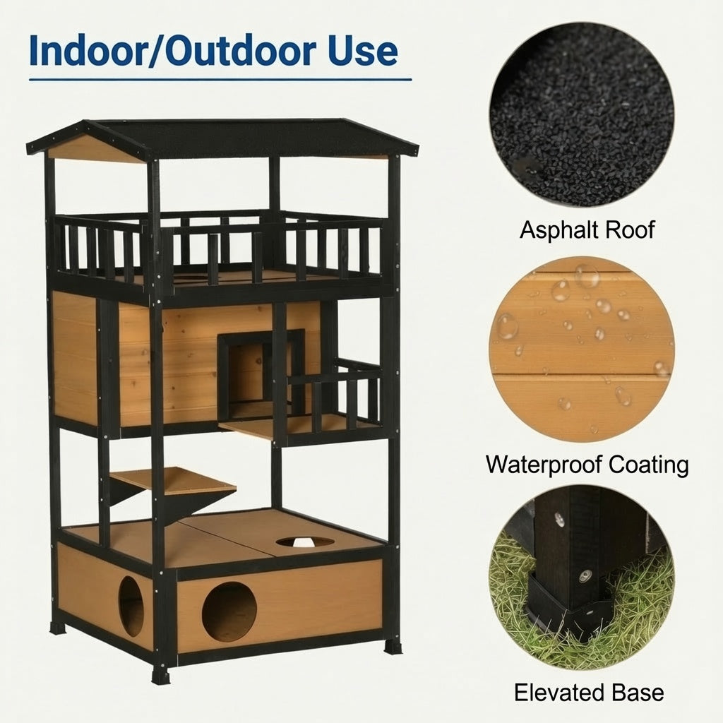 Outdoor Condo Playhouse, Solid Wood Shelter For Outdoor Cats, Easy To Assemble