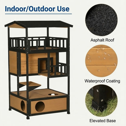Outdoor Condo Playhouse, Solid Wood Shelter For Outdoor Cats, Easy To Assemble
