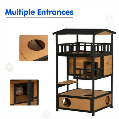 Outdoor Condo Playhouse, Solid Wood Shelter For Outdoor Cats, Easy To Assemble